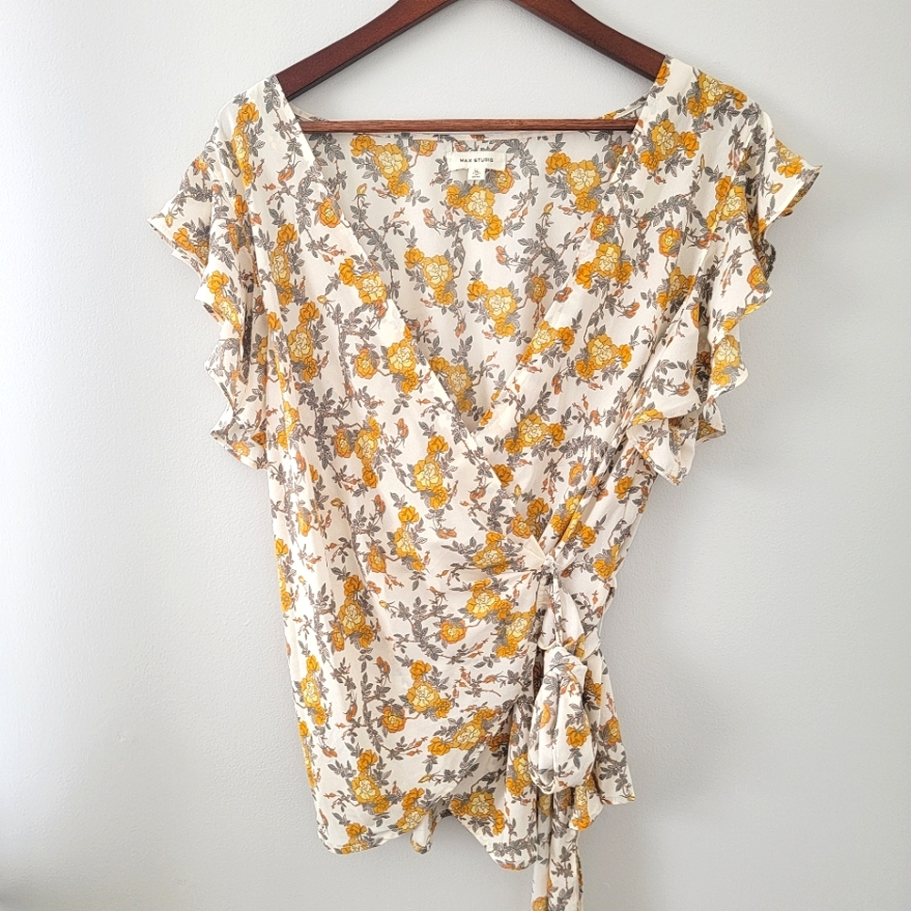 Max Studio Women's Floral Wrap Blouse Short Fluttered Sleeve-XL